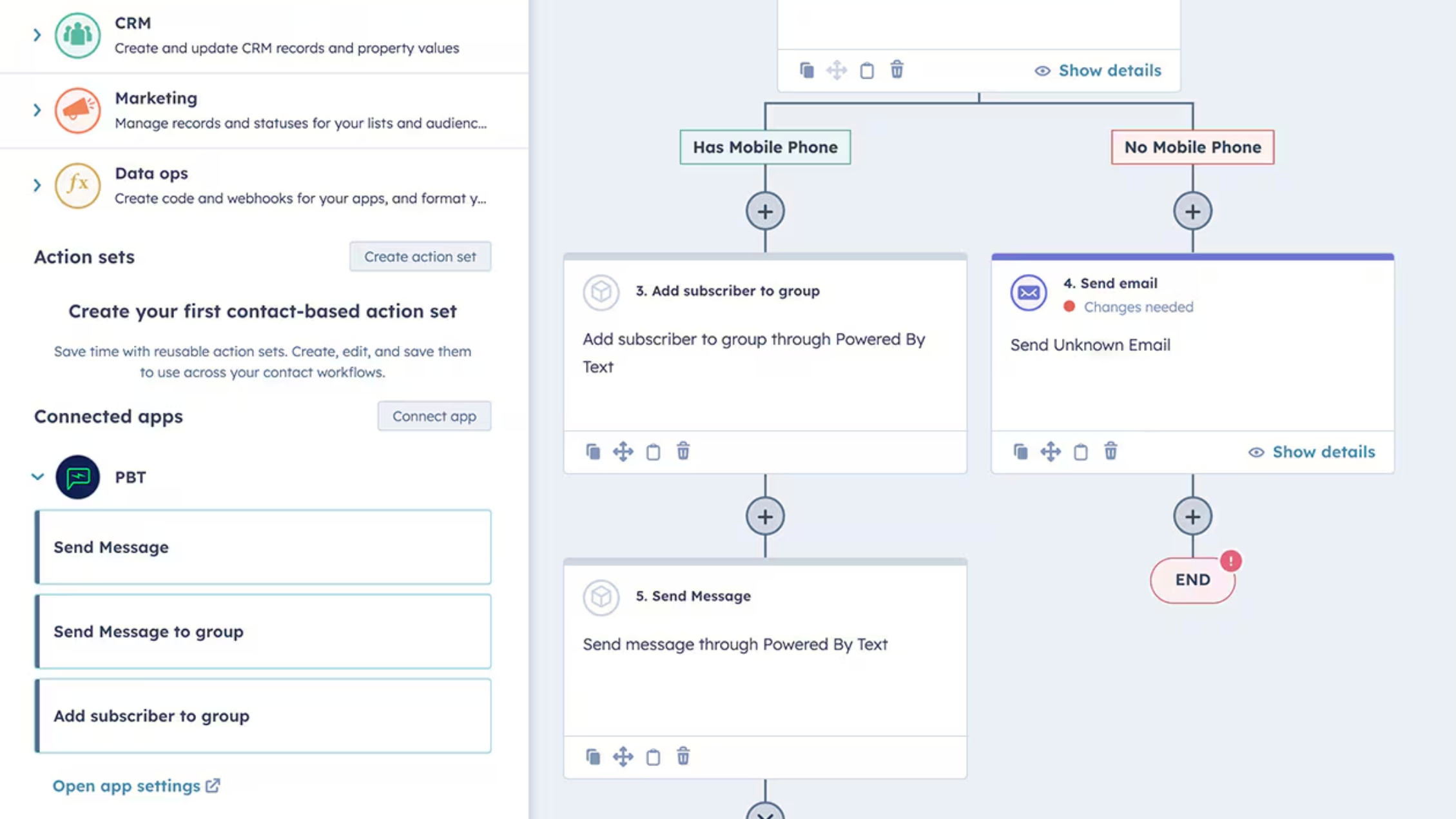 A HubSpot workflow showing the "Send Message" and "Send Message to Group" actions.