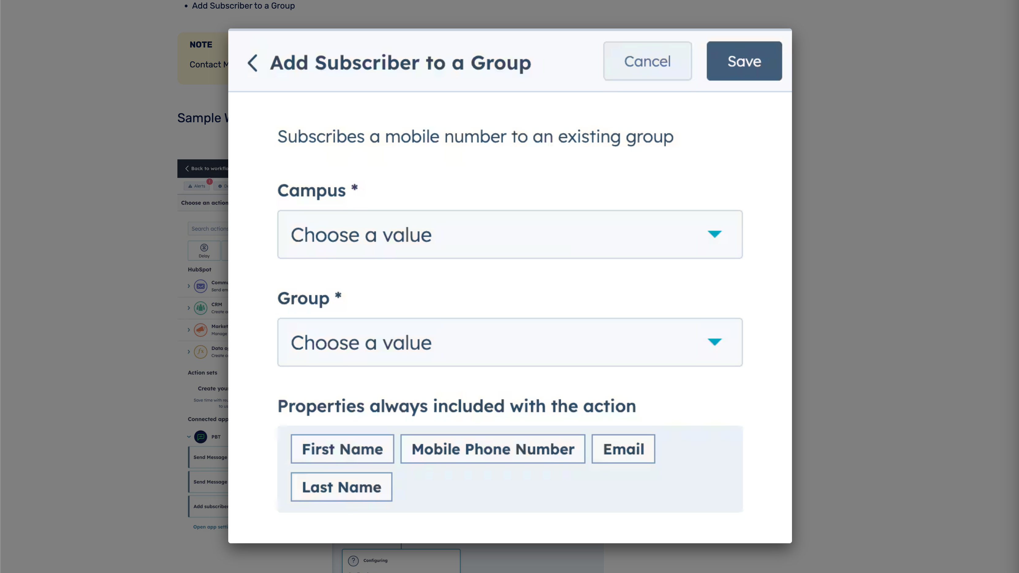 Setting up the "Add Subscriber to Group" action within a HubSpot automation.